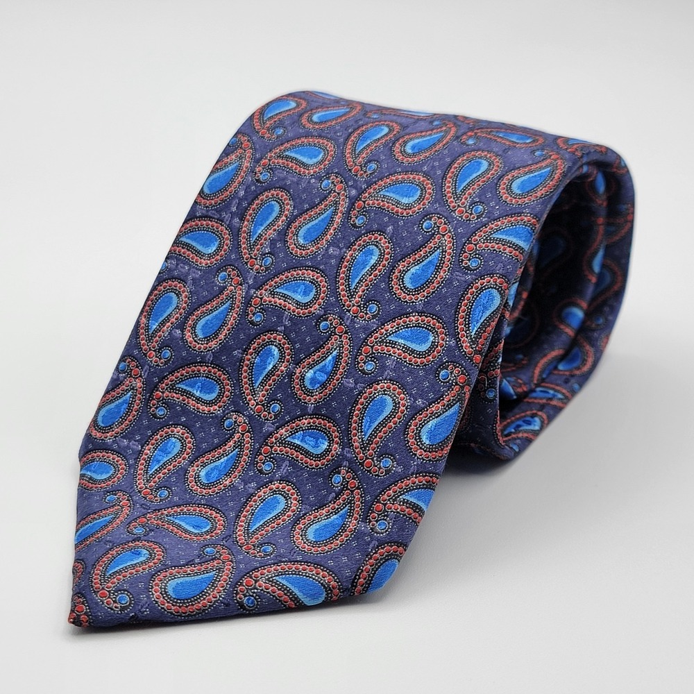 ERMENEGILDO ZEGNA Tie 100% Silk Glossy Satin Blue Red Paisley Necktie‎ Italy